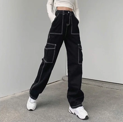 HESPERUS Juniors Black w White Stitching Cargo Streetwear Wide