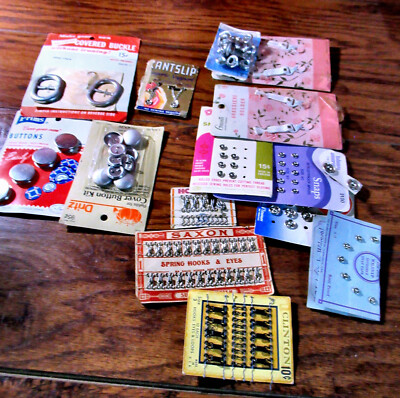 Sewing Basket Lot Notions Fasteners Snaps Hooks Eyes Buttons/Buckles to Cover