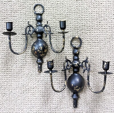 Vintage Brass Wall Sconces Double Arm Pair Set of 2 Black-Gold Midcentury Gothic