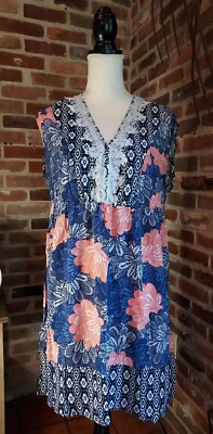 Azel Hazel Hazel Hazel Haze Dress Sz XL Boho  Lace Navy Coral Floral Sleeveless
