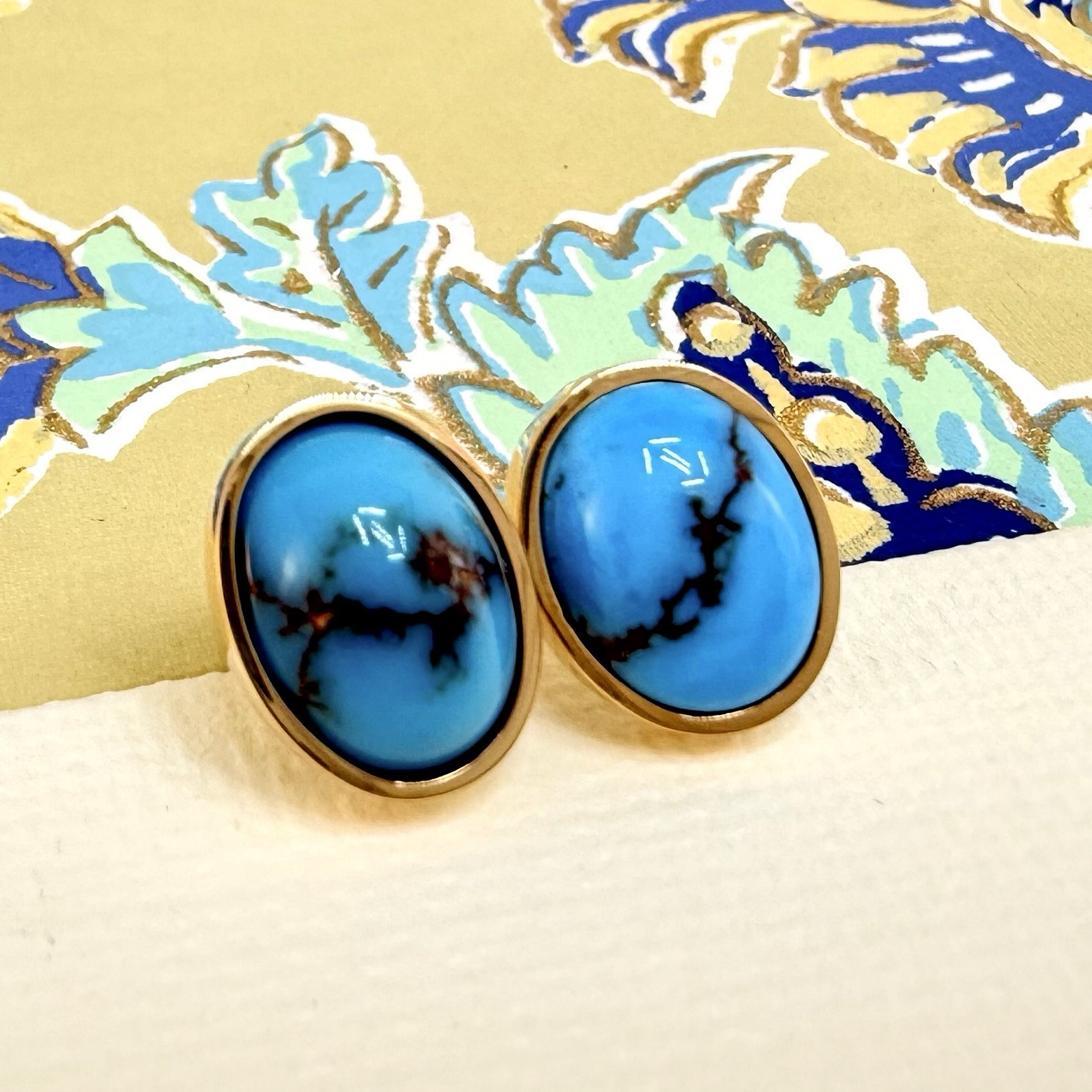 14k Yellow Gold Egyptian Turquoise Custom Made Stud Earrings, New Pair #2 - Picture 2 of 8