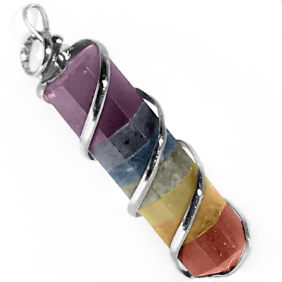 Rainbow Chakra Crystal Wire Wrap Silver Spiral Pendant Handmade Necklace CHARGED