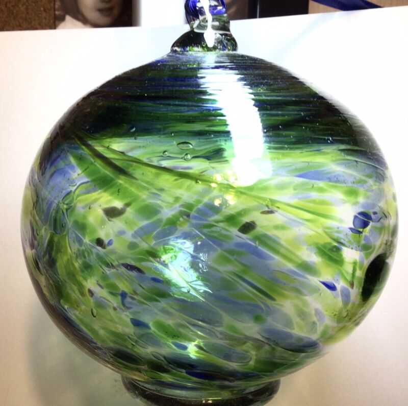 Vintage Hand Blown Studio Art Glass Large Green  Hanging Witch Ball Spirit Orb 