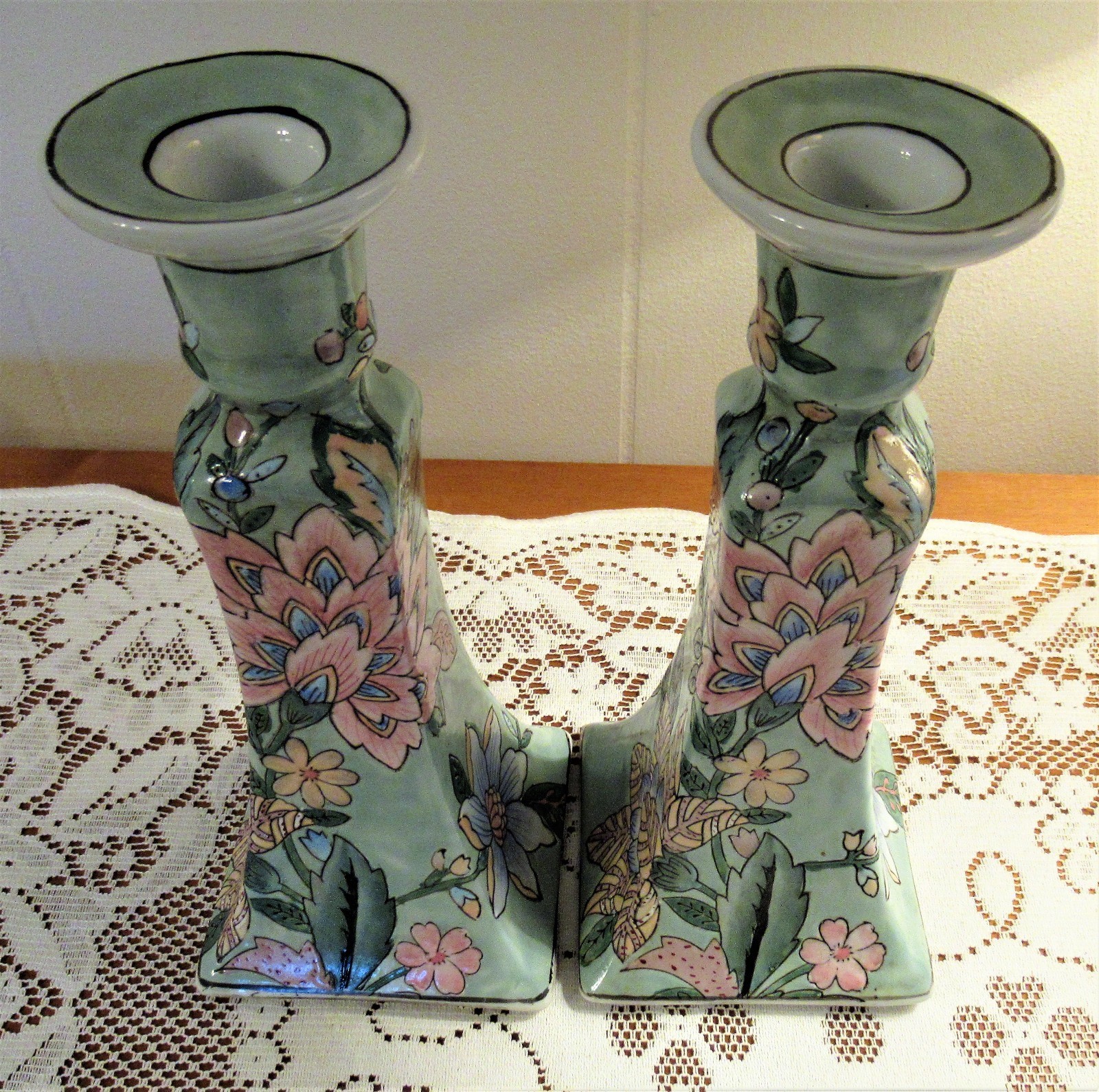 Vintage Pair Asian Oriental Chinese Porcelain Pastel Floral Candlesticks 9