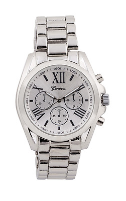  Geneva Silver Tone Classis Men's Watch. Faux Chronograph Design.