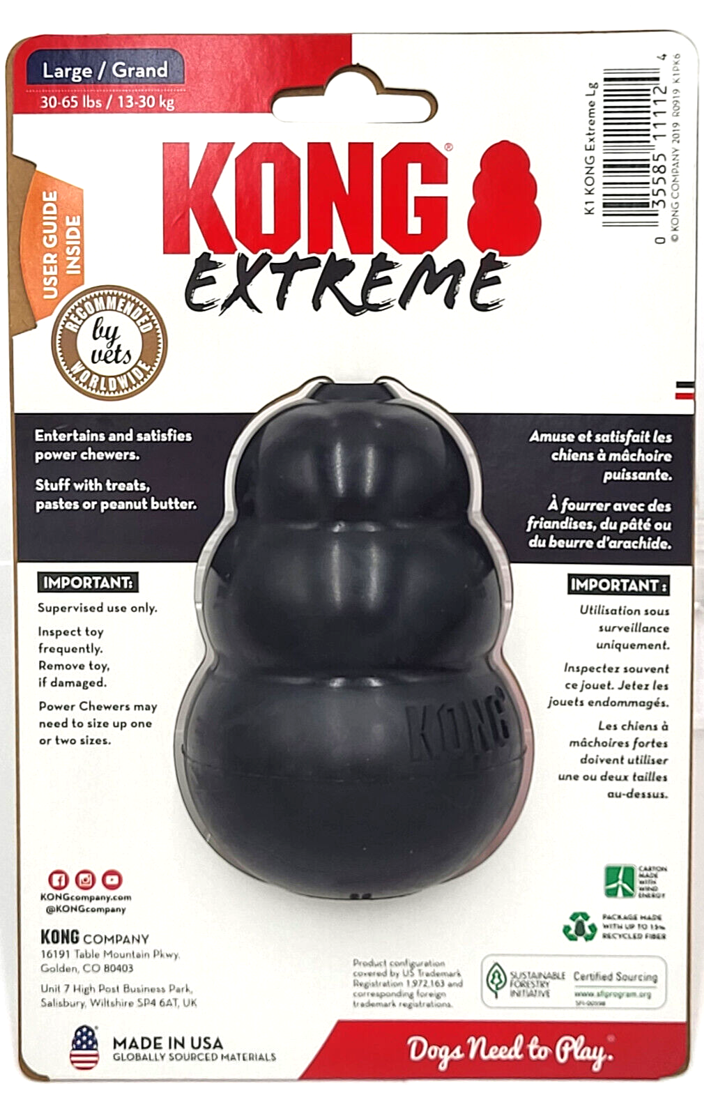 KONG Extreme LARGE Black Durable Rubber Treat Stuffable Fetch & Chew Dog Toy 4"