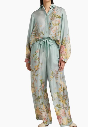Pre-owned Waverly Zimmermann  Floral Print Relaxed Silk Shirt-0p In Blue