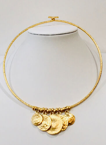 Vintage Hammered Matte Gold Collar Necklace Shield Dangles 16”の 