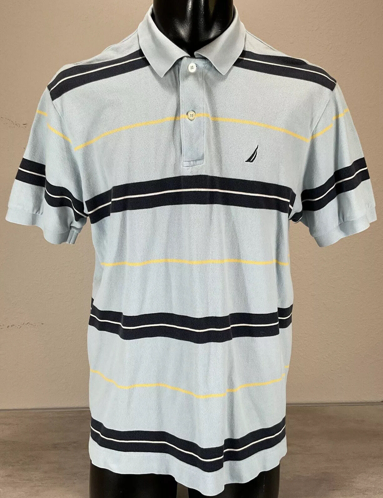 Nautica Short Sleeve Cotton Knit Polo Shirt Sz L Navy Yellow