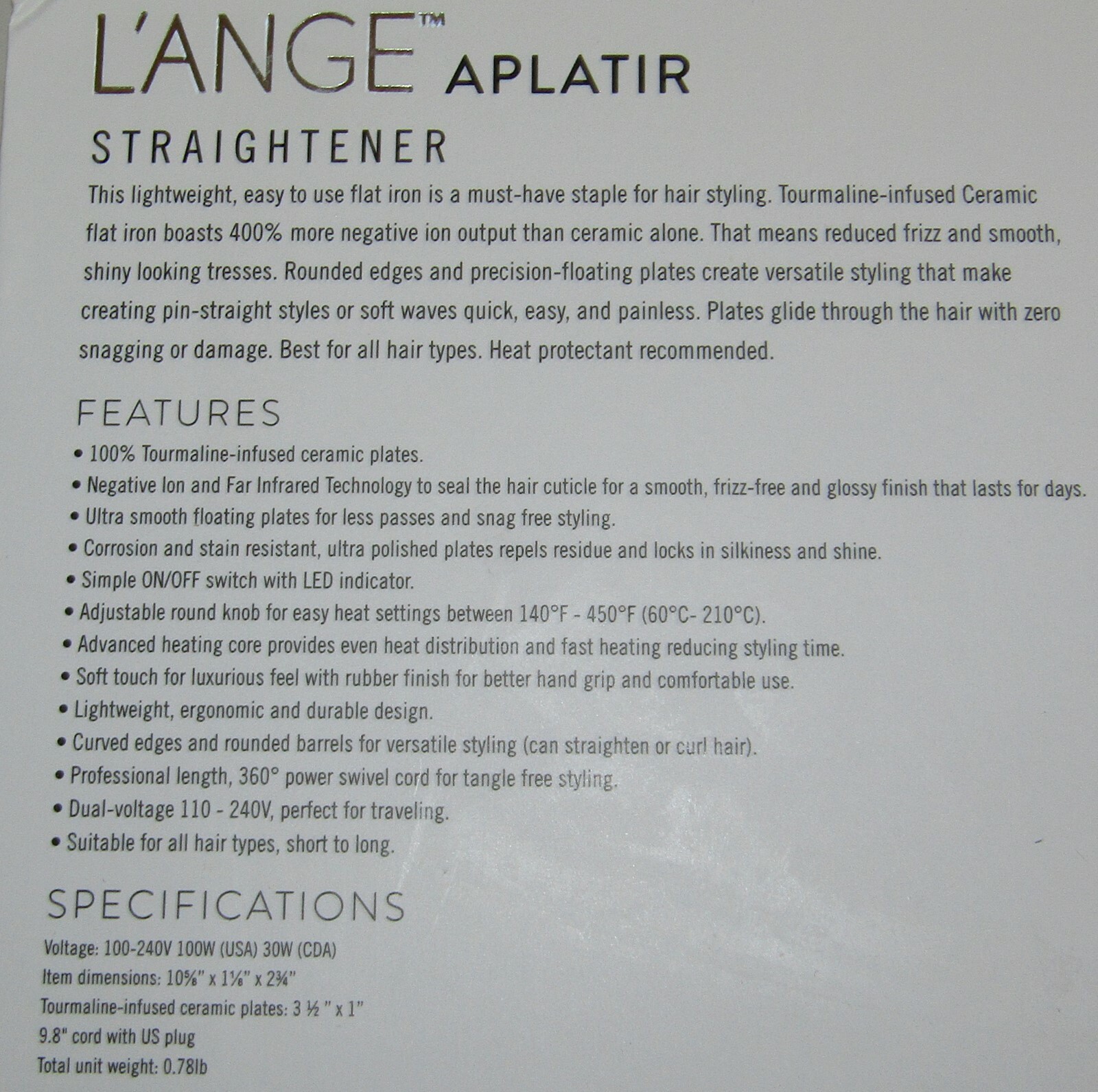 L'ange Lange Hair Aplatir Straightener Flat Iron Black NEW IN BOX 3-1/2X1 Plates