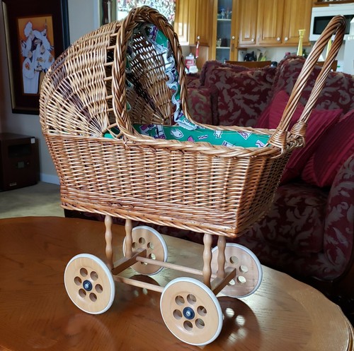 Vintage Wicker and Wood Baby Doll Carriage Stroller Wooden Rubber Wheels Basket