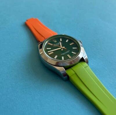 20mm Caoutchouc rubber strap fitted Rolex Milgauss with Buckle Green/Orange