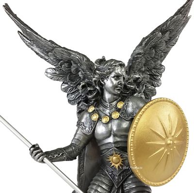 13'' SAINT RAPHAEL Archangel With Spear  Statue Pewter & Gold Finish St Angel