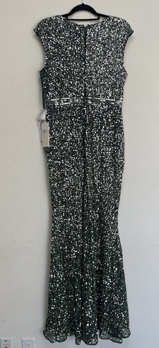 Pre-owned Mac Duggal Cap Sleeve Sequined High Slit V Neck Belted Gown Size 10 Green 5489