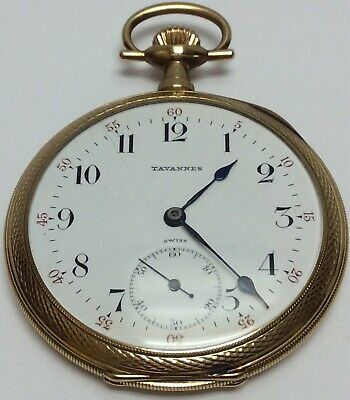 14K Solid Yellow Gold 585 Fine Vintage 1908 Tavannes Pocket Watch 19 Jewels Runs