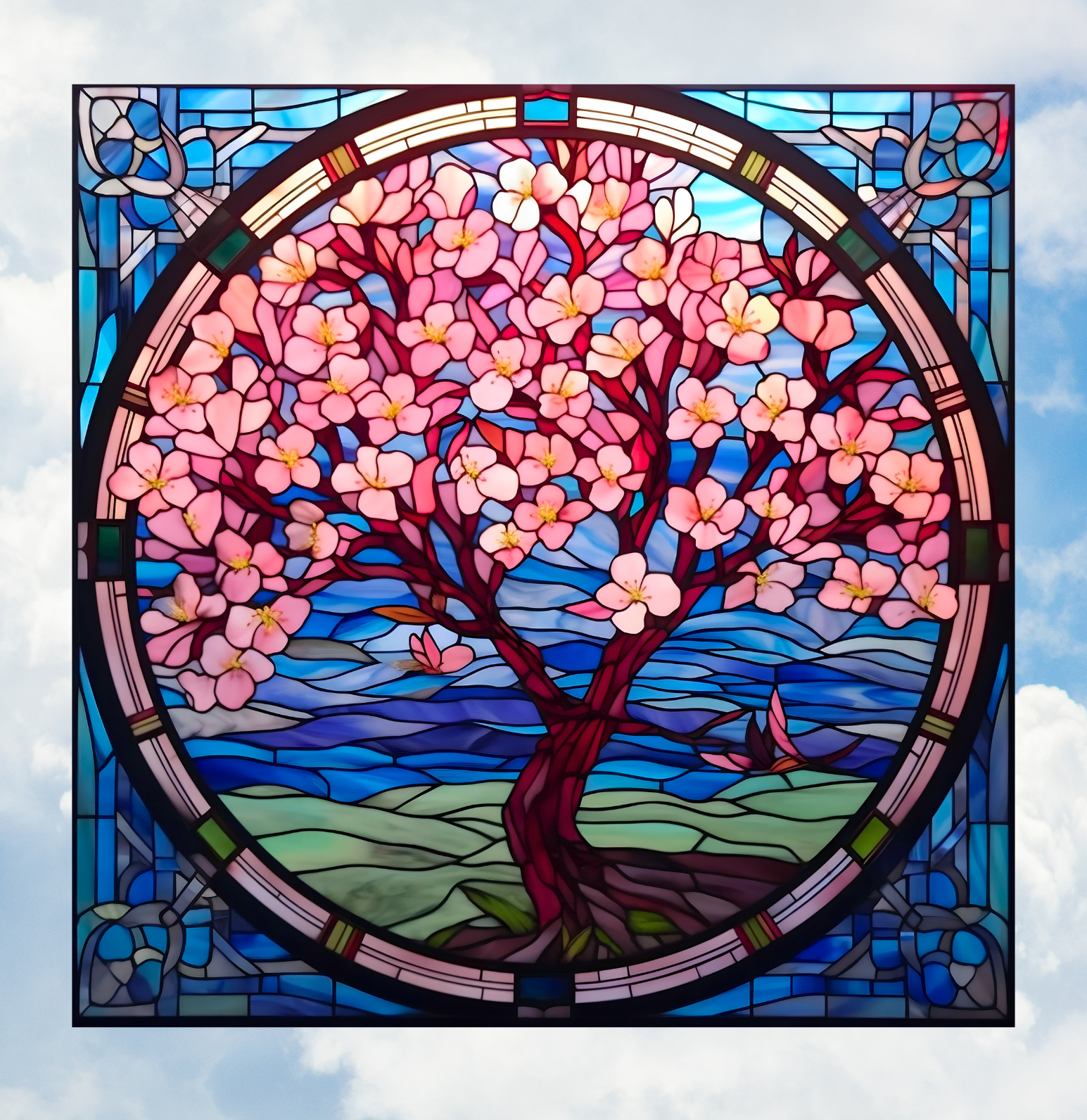 Cherry Blossom Tree Faux Stained-Glass WINDOW CLING Size 8