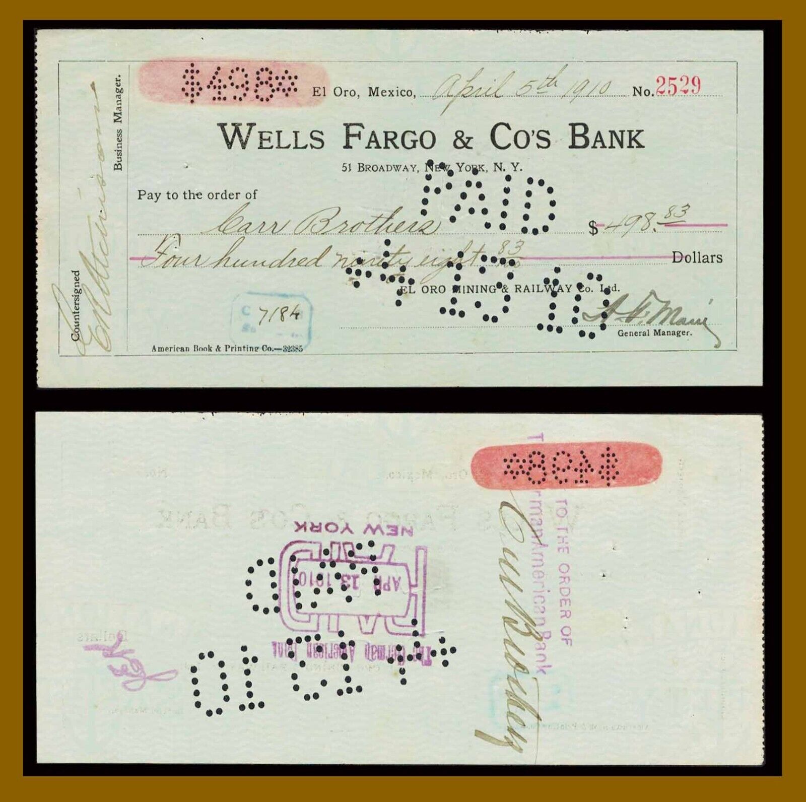 Mexico Wells Fargo Bank $498 Check, 1910 EL ORO Mining Mexico Wells Fargo Bank $498 Check, 1910 EL ORO Mining
