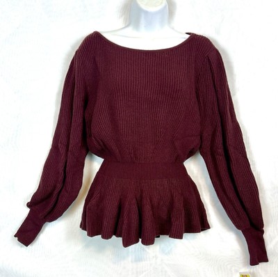 NWT Womens Burgundy Ruffle Accent Peplum Sweater - Large
