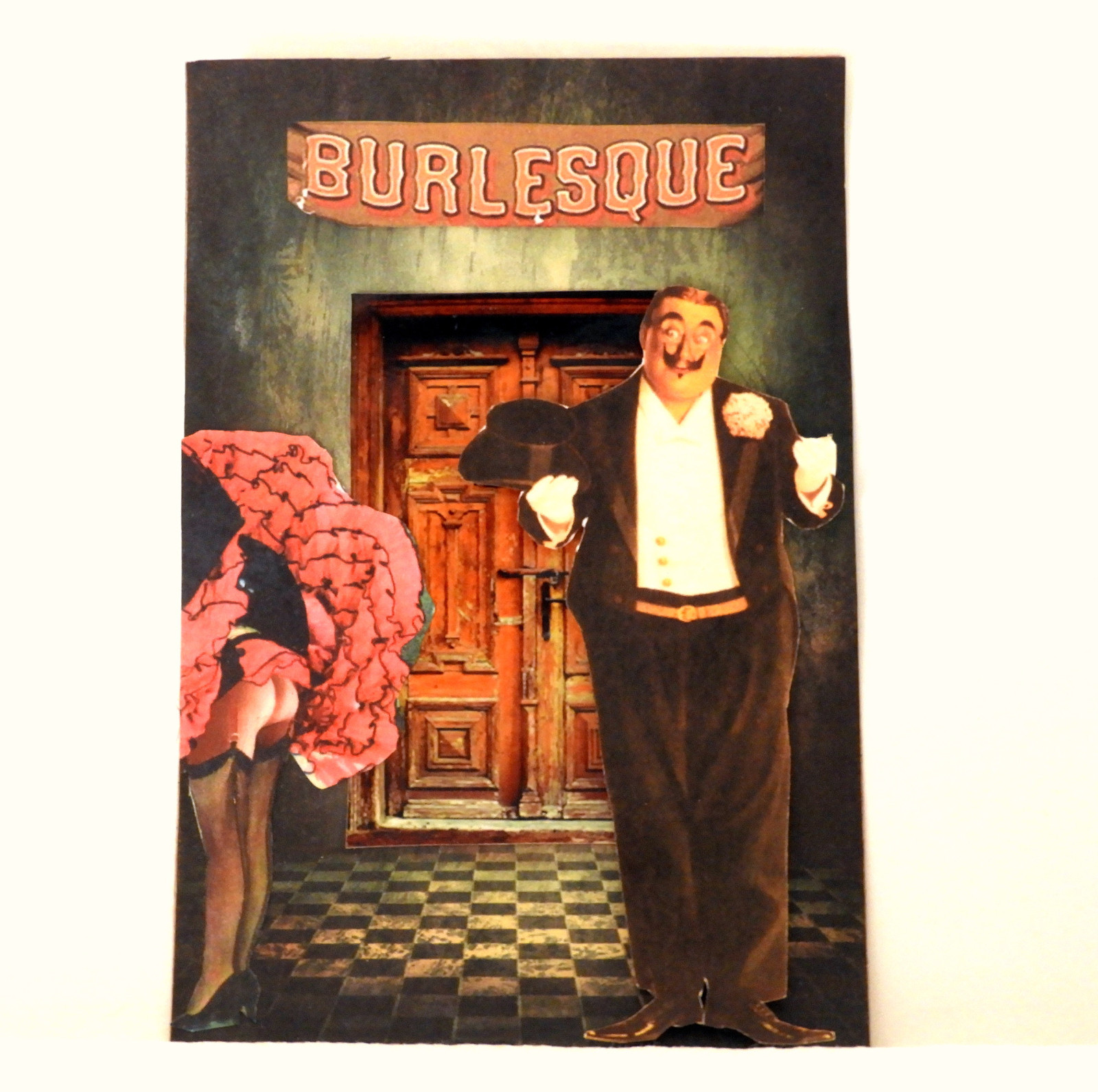 SMALL ORIGINAL ART 4x6 INCH COLLAGE MIXED MEDIA HUMEROUS BURLESQUE 3D  OOAK
