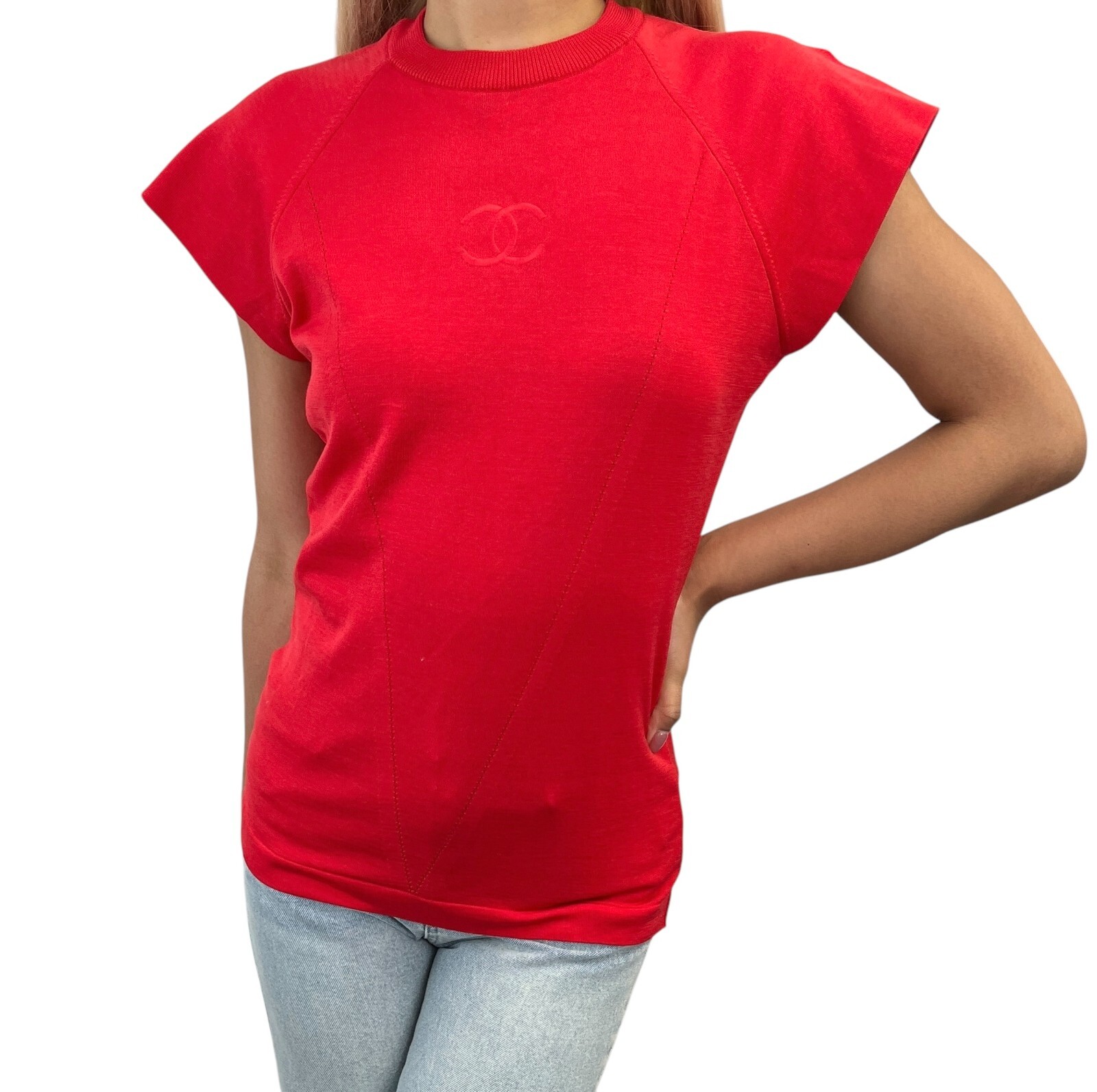 CHANEL Vintage 1990s CC Logo Short Sleeve Top #36 Embroidery