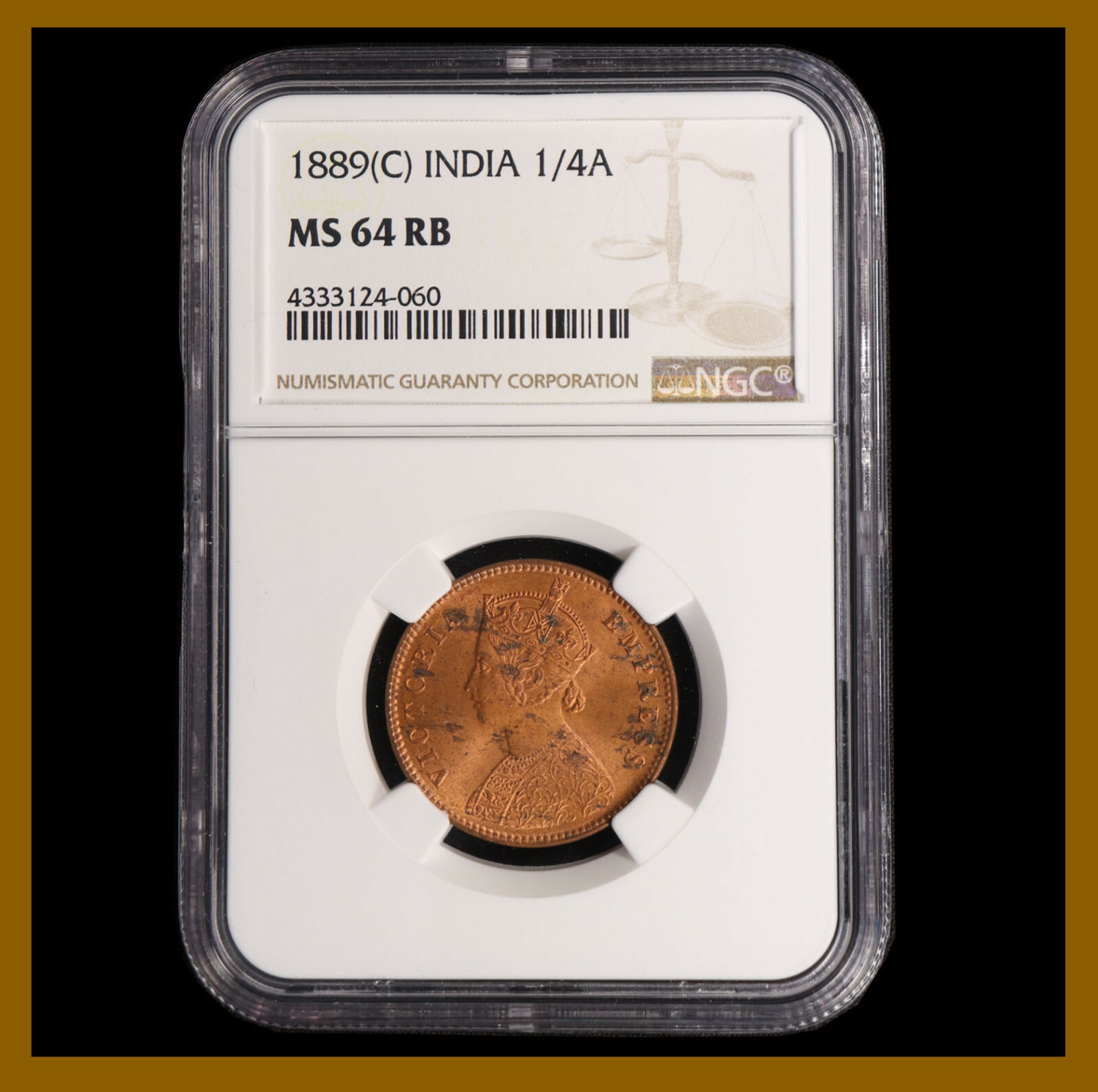 1889イギリス領インド　ヴィクトリア1/4銅貨　NGC MS64 RB 英領インド 1889(C) ヴィクトリア女王 1/4アンナ 銅貨 NGC