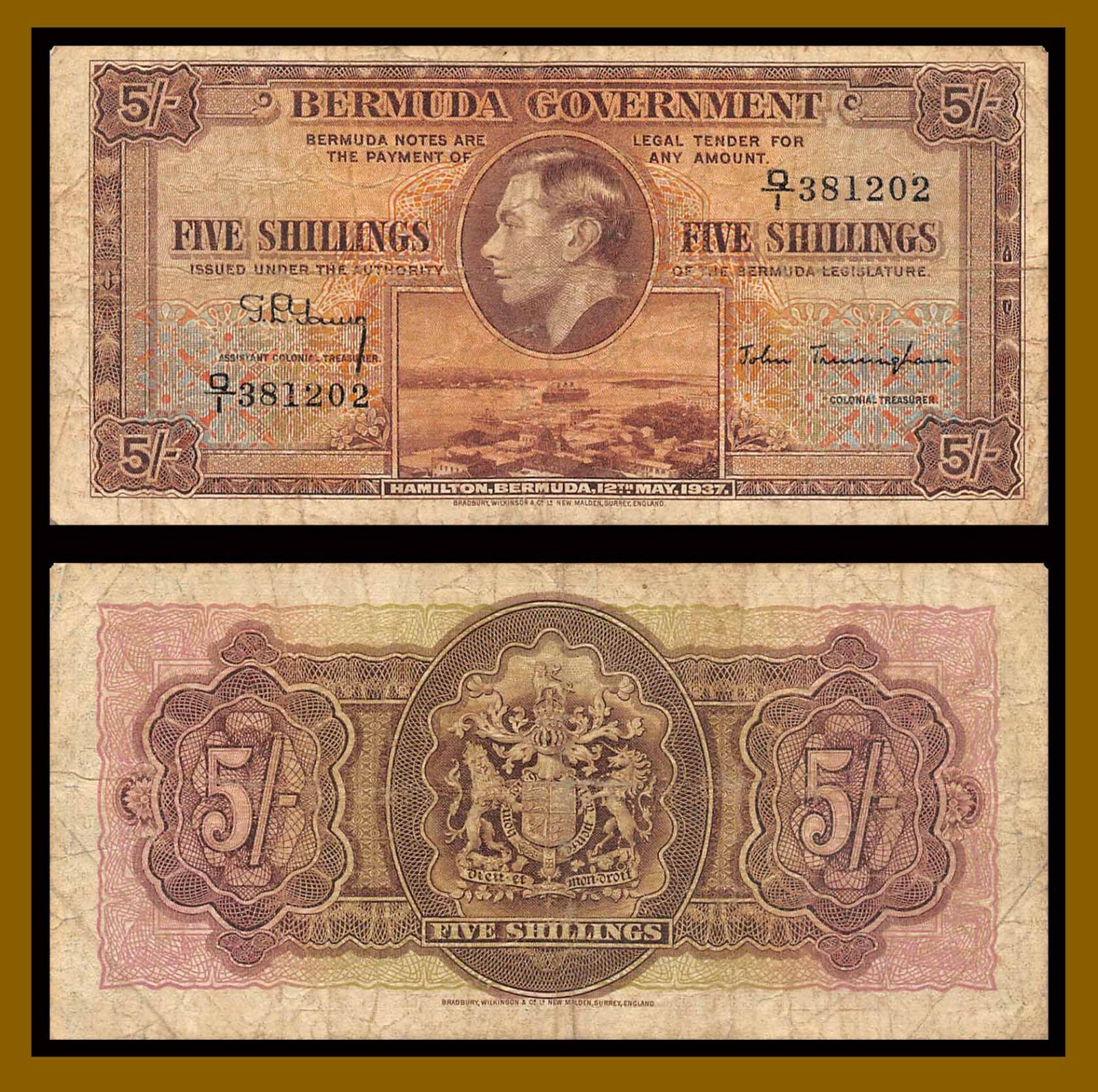 バミューダ 5シリングス紙幣 1937 年 バミューダ 5シリングス紙幣 1937 年 Bermuda 5 Shillings 1937
