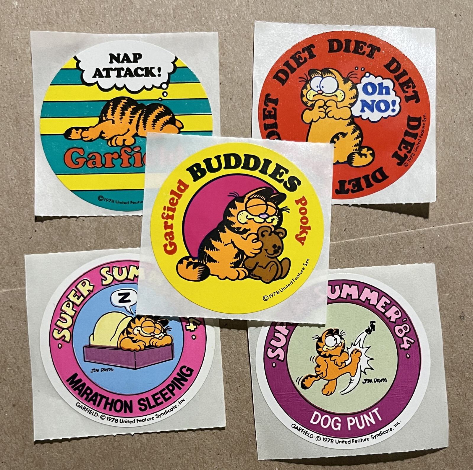 5 Garfield Stickers 1978 Vintage Assortment Odie Pooky Jim