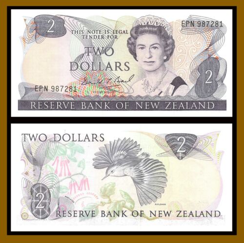 New Zealand 2 Dollars, 1989-1992 P-170c Rifleman Bird QEII Banknote Unc