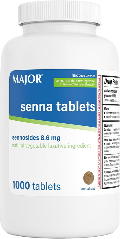 Major Senna 8.6 mg Natural Vegetable Laxative Tablets 1000-Count