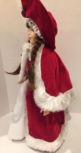 Porcelain Victorian Doll Christmas Caroler Blue Glass Eyes Brown Hair Braid 16”