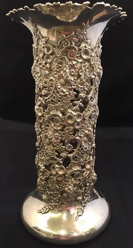 Exceptional Antique Bailey Banks & Biddle Sterling Repousse Floral Motif Vase10”