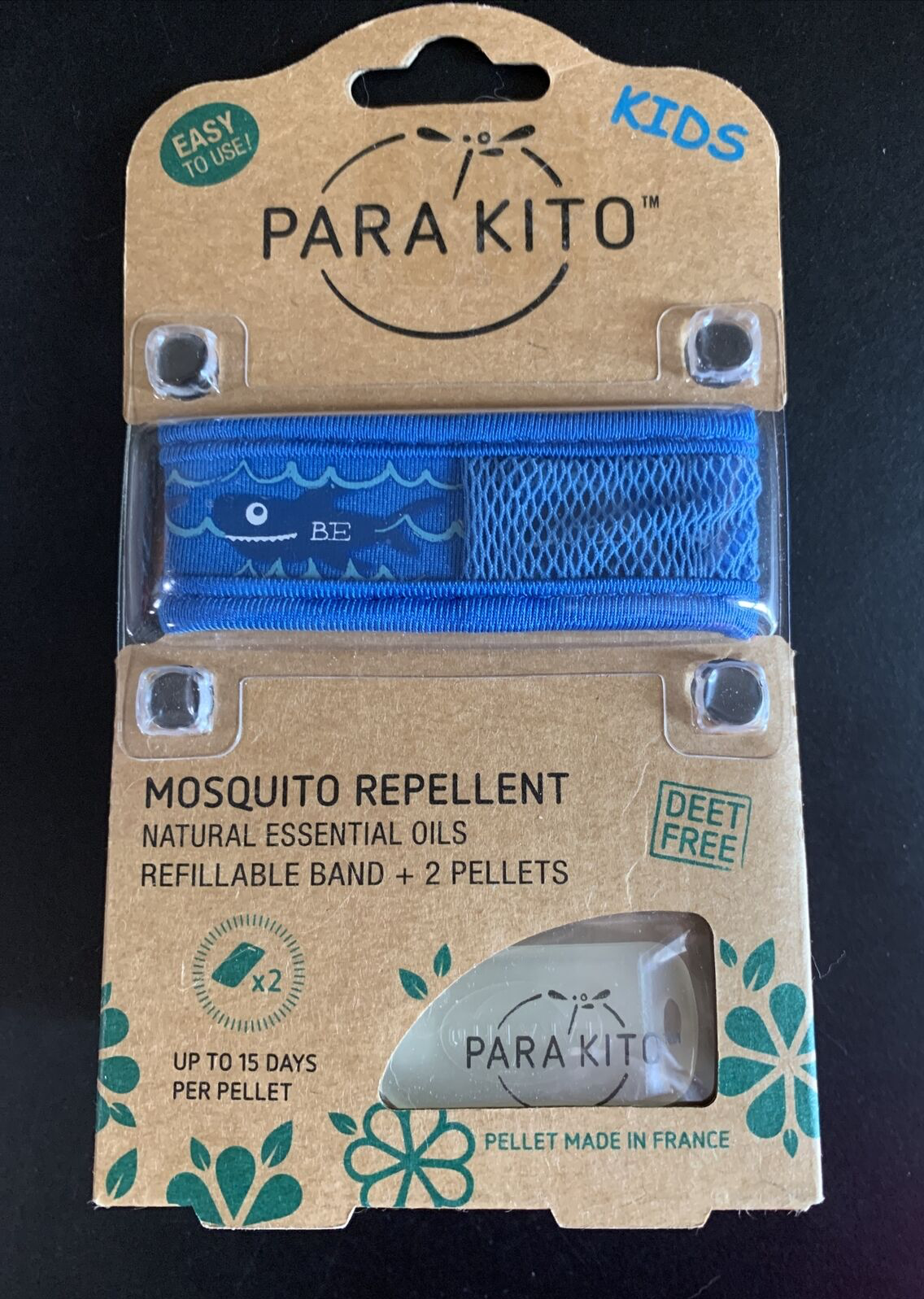 PARA'KITO Kids Mosquito Repellent Band (Blue Whale) Includes 2 Pellets NEW