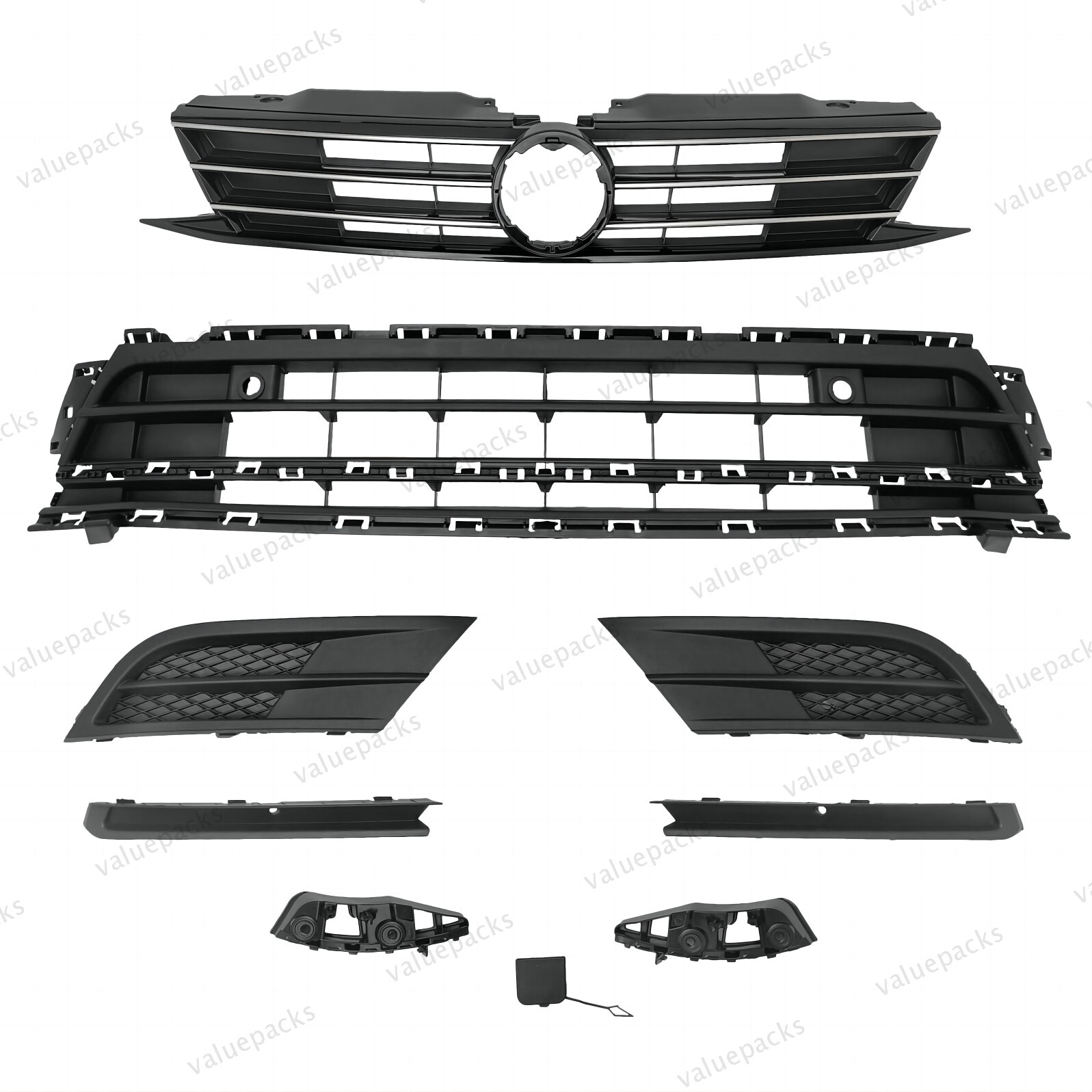 2015-2018 Volkswagen Jetta Upper Lower Chrome Grille Mesh Bumper Holder Bracket Kit For Jetta | 9PC | Black | Left | Textured