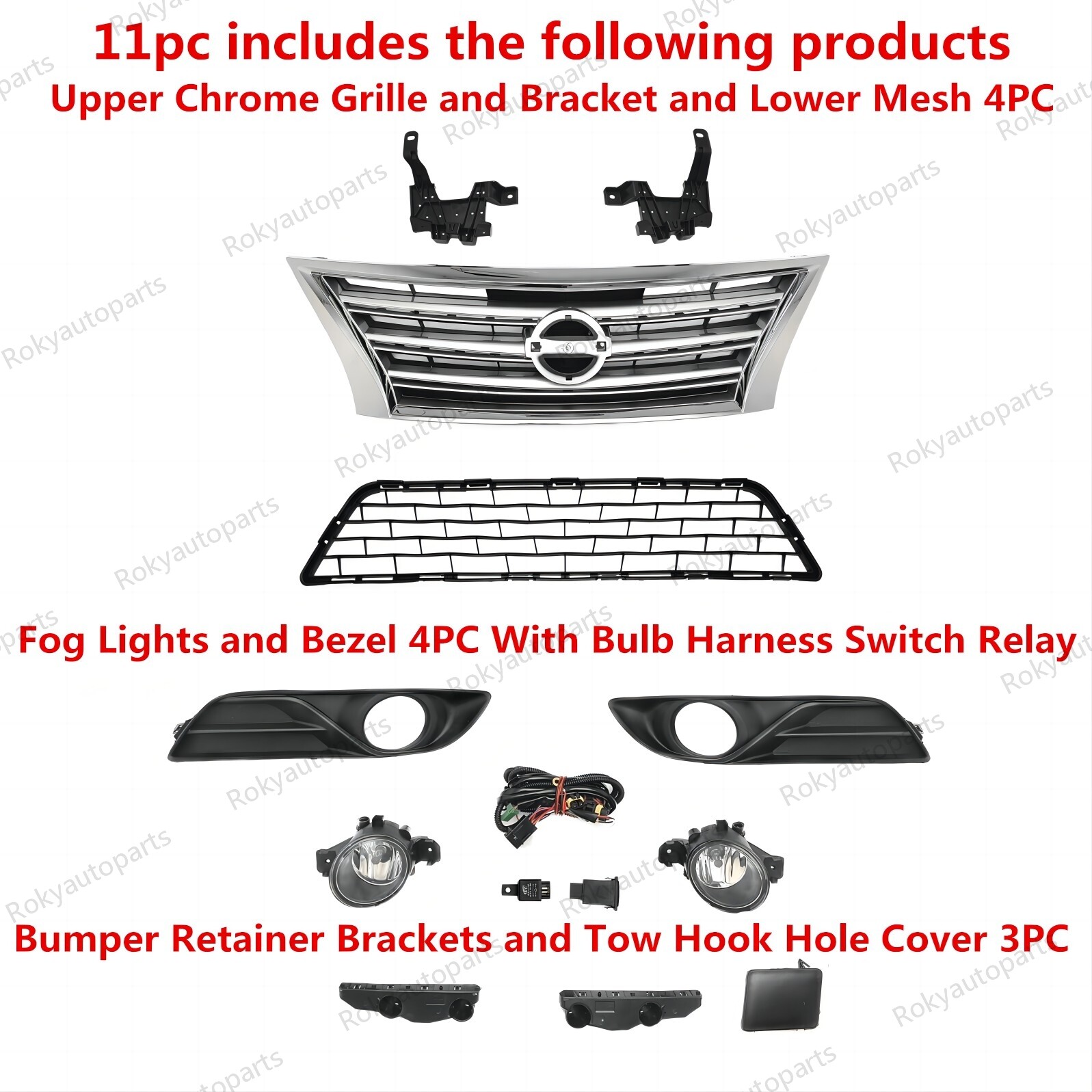 For Sentra 2013-2015 Bumper Upper Chrome Grille/Lower Mesh/Fog light Kit/Bracket