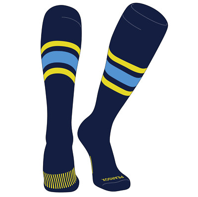 Striped OTC Baseball, Softball, Football Socks (B) Navy, Bright Yellow, Sky Blue