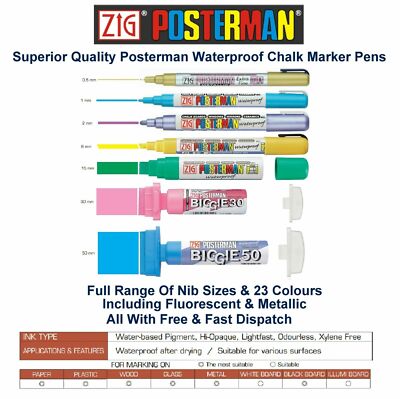 ZIG Posterman Chalk Marker Pens Waterproof Black Whiteboard Glass Metal Plastic