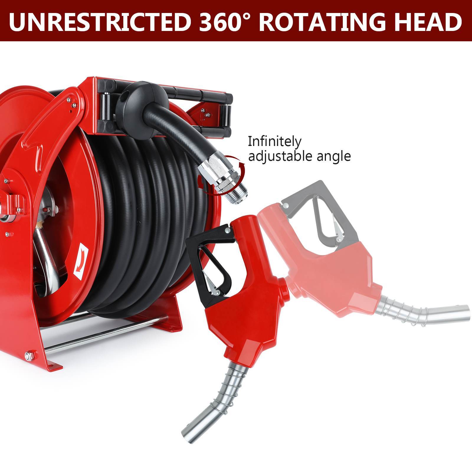 Diesel Fuel Hose Reel Retractable 1" x 50' Spring Rewind Hose Reel w Fuel Nozzle