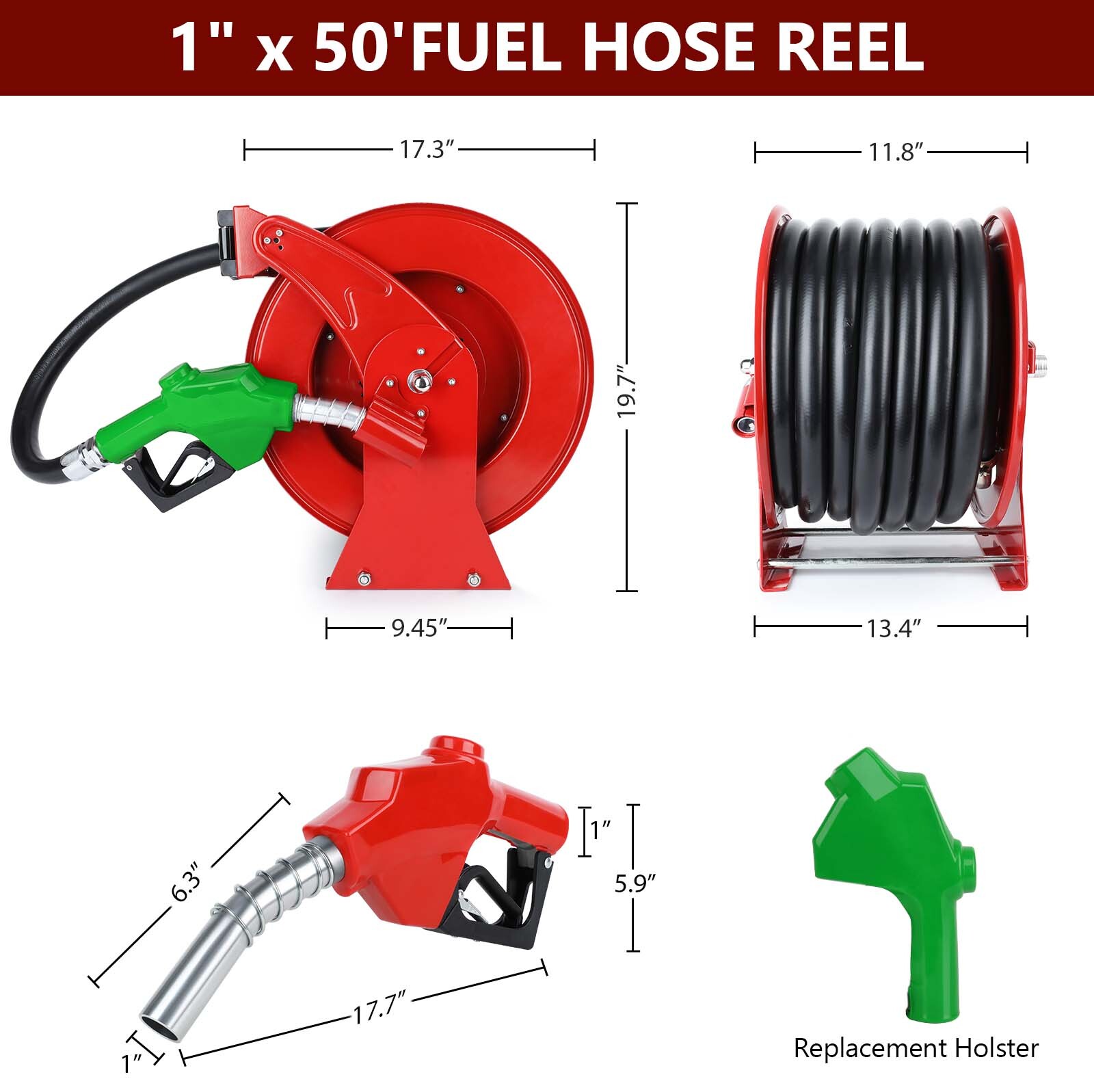 Diesel Fuel Hose Reel Retractable 1" x 50' Spring Rewind Hose Reel w Fuel Nozzle