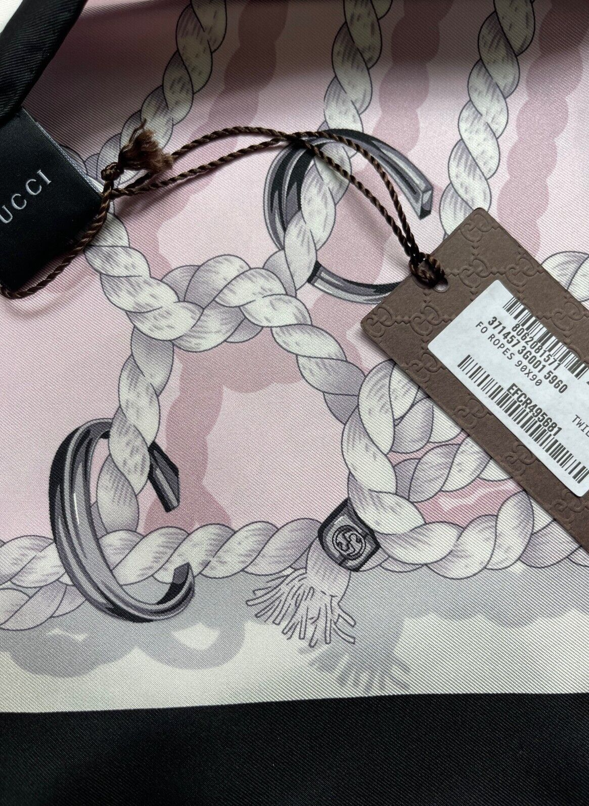 Pre-owned Gucci Unisex  Silk Wrap Gg Logo Ropes Print Pink Black Border Scarf