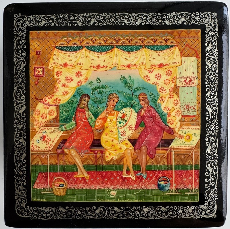 Original Alte Russische Lackdose âMstera-Stickerinnenâ Ca.1970, Mstera, Signiert