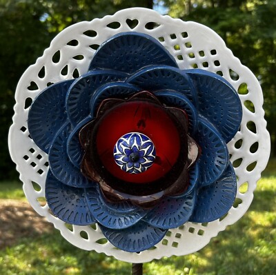 Red & Blue & White Cutout Ceramic Garden Flower Repurposed Suncatcher Yard Art
