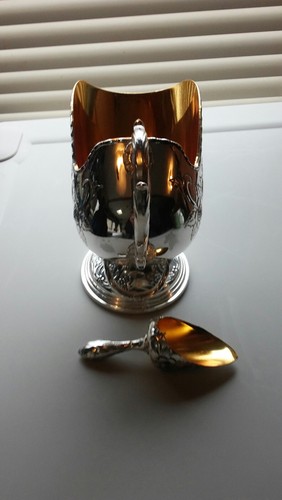 Silver Plated Raised Floral Design Scuttle Open Salt Cellar with Scoop