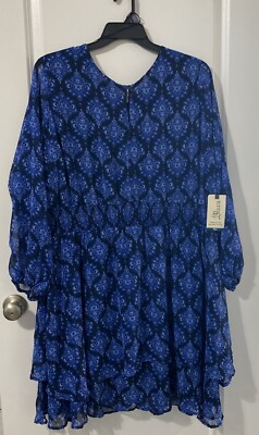 Terra And Sky Ornament Tile Navy LS Sheer Overlay Fit N Flare Dress 3X 24W-26W
