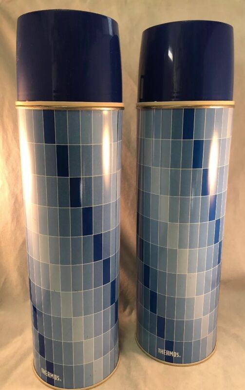 2 Vintage King Seeley 1 Quart Thermos Blue Ombre Rectangle Vacuum Bottle No 2410