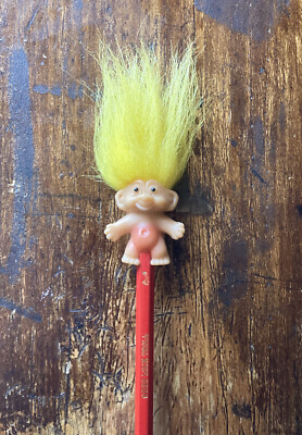 Vtg 1980 s ''GOOD LUCK'' Rub Belly Troll Doll RARE Yellow Hair Russ Pencil Topper!