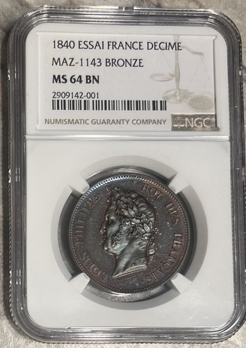 1840 Essai France Décime ブロンズ MS 64 BN 1840 France 1 Decime ESSAI KM:E10 NGC MS 64 BN Maz-1143
