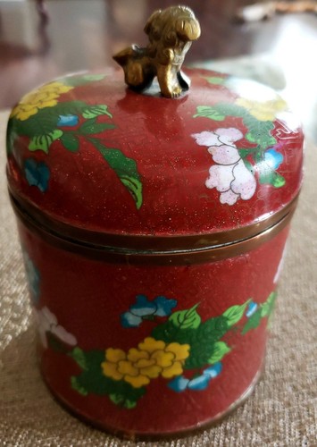 19TH C ANTIQUE COPPER CHINESE CLOISONNE HUMIDOR WITH SOLID BRASS FOO DOG FINIAL