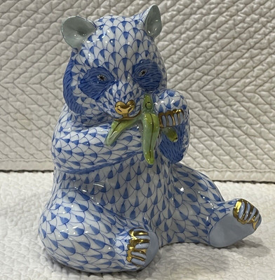Herend Figurine - Panda Bear Eating Bamboo - Blue Fishnet