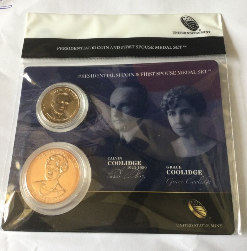 2014 $1 Coin & First Spouse Medal Set Calvin & Grace Coolidge Us Mint Ogp