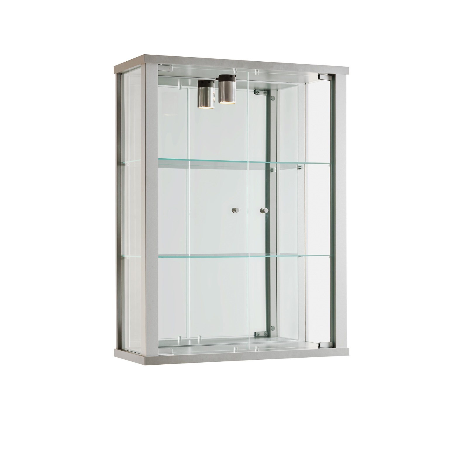 Retail Shop Silver Wall Mounted Glass Display Cabinet Double